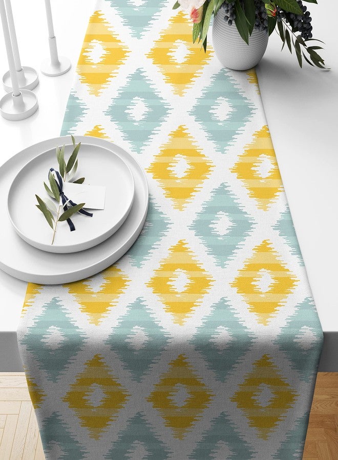 STITCHNEST Ikat Yellow Teal Printed Poly Cotton Table Runner and Bed Runner (13 x 60 Inches ) - Image 1